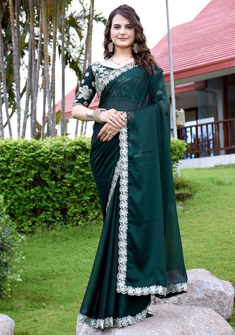 Bottlegreen Embroidered Chiffon Saree Set