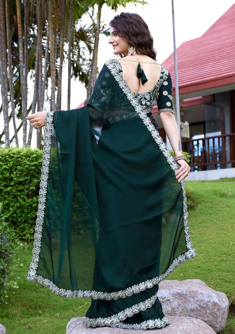 Bottlegreen Embroidered Chiffon Saree Set - Indya