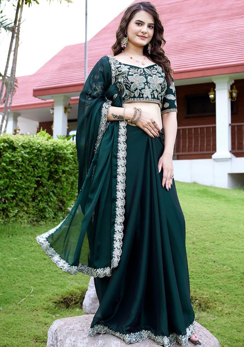 Bottlegreen Embroidered Chiffon Saree Set