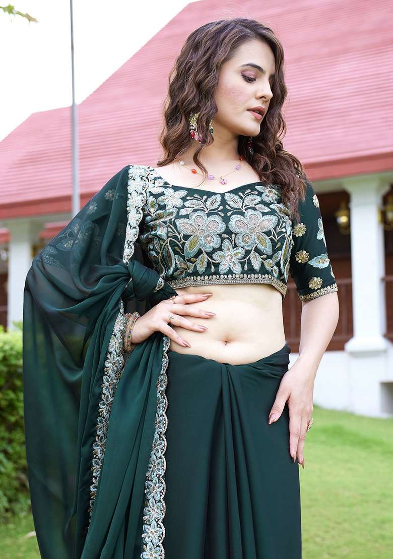 Bottlegreen Embroidered Chiffon Saree Set - Indya