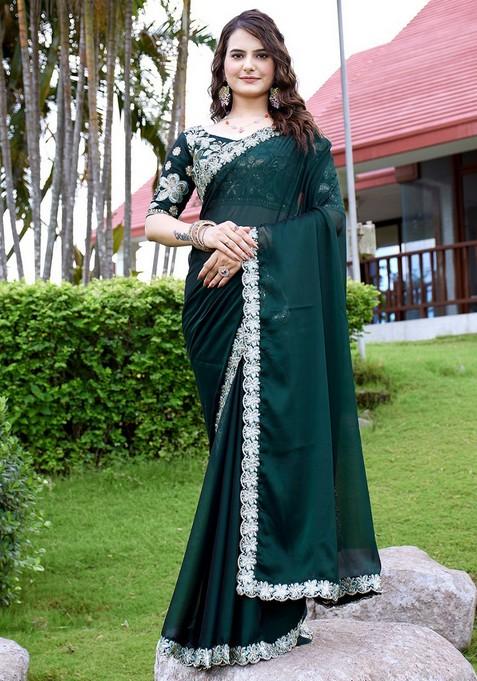 Bottlegreen Embroidered Chiffon Saree Set