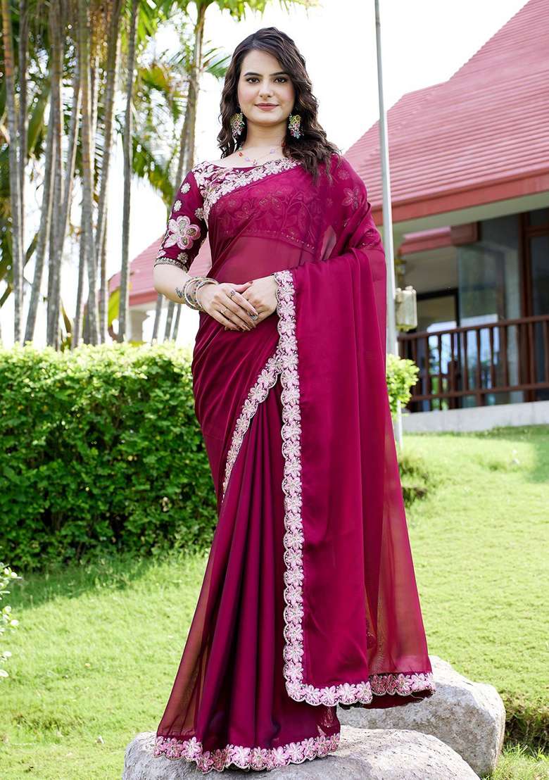 Cherry Embroidered Chiffon Saree Set - Indya