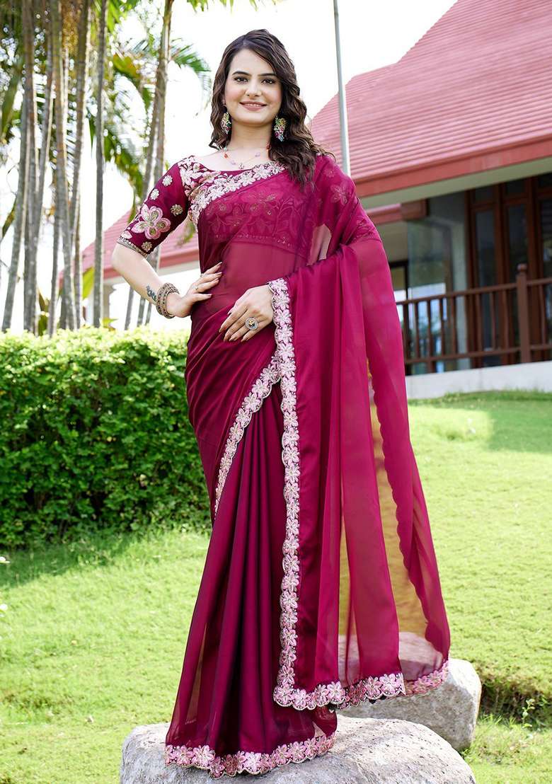 Cherry Embroidered Chiffon Saree Set - Indya