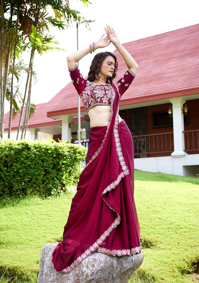 Cherry Embroidered Chiffon Saree Set
