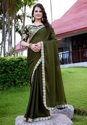 Mehandi Embroidered Chiffon Saree Set