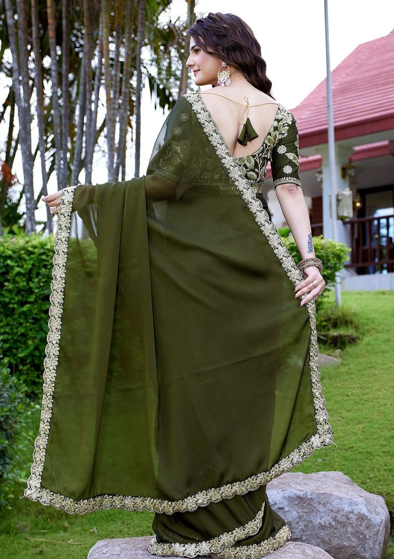 Mehandi Embroidered Chiffon Saree Set