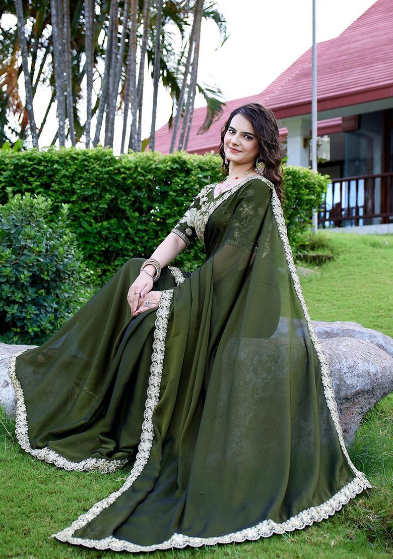 Mehandi Embroidered Chiffon Saree Set