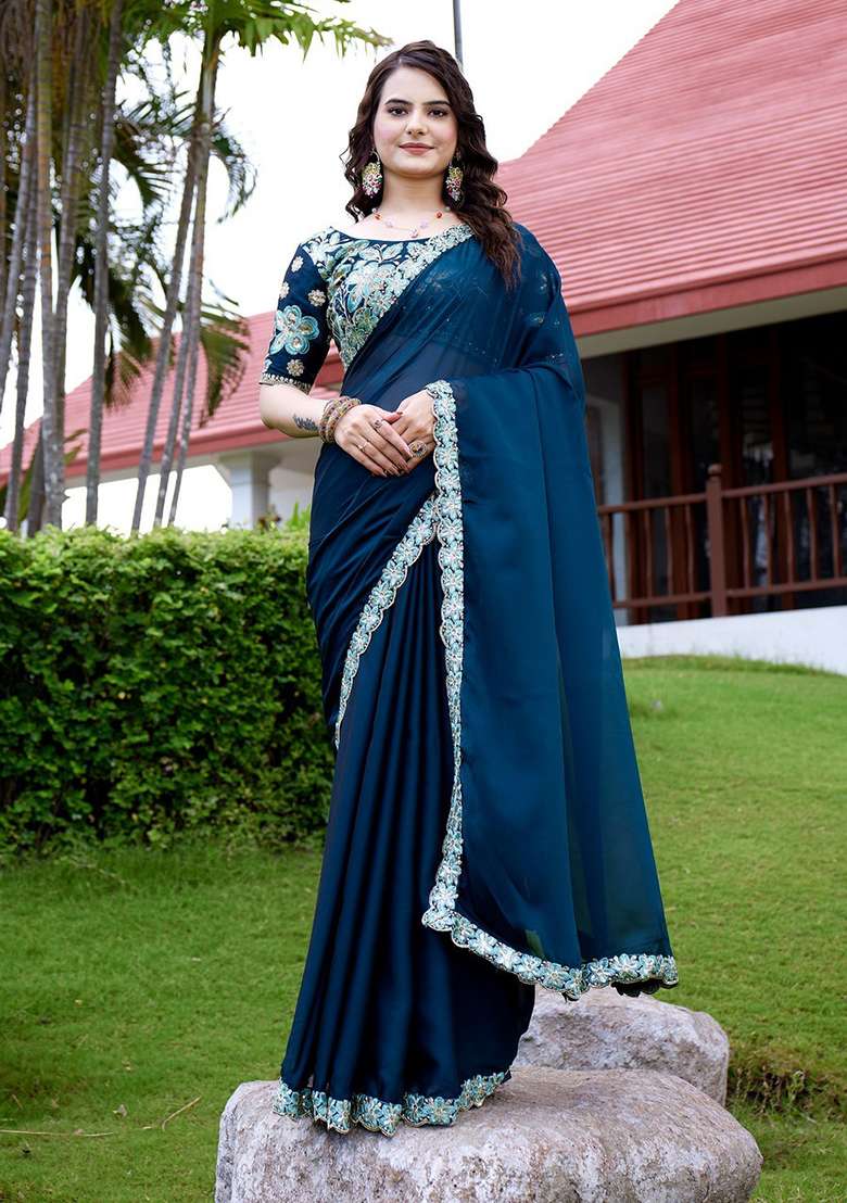 Morpeach Embroidered Chiffon Saree Set - Indya