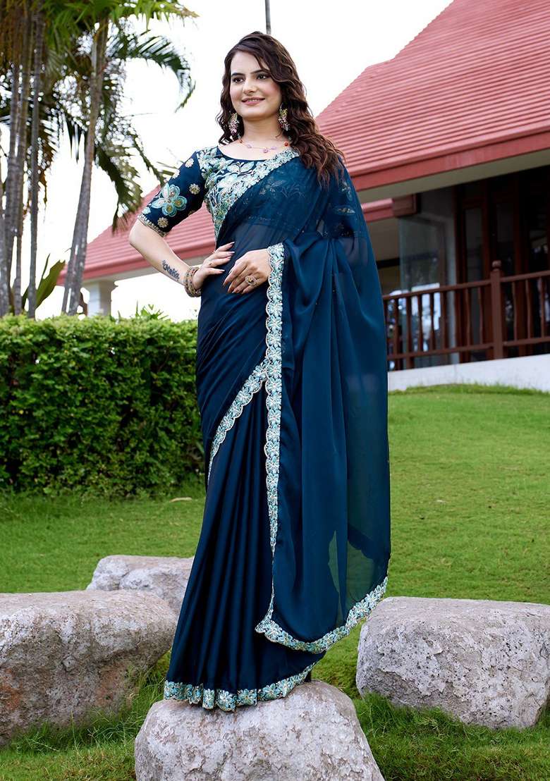 Morpeach Embroidered Chiffon Saree Set - Indya