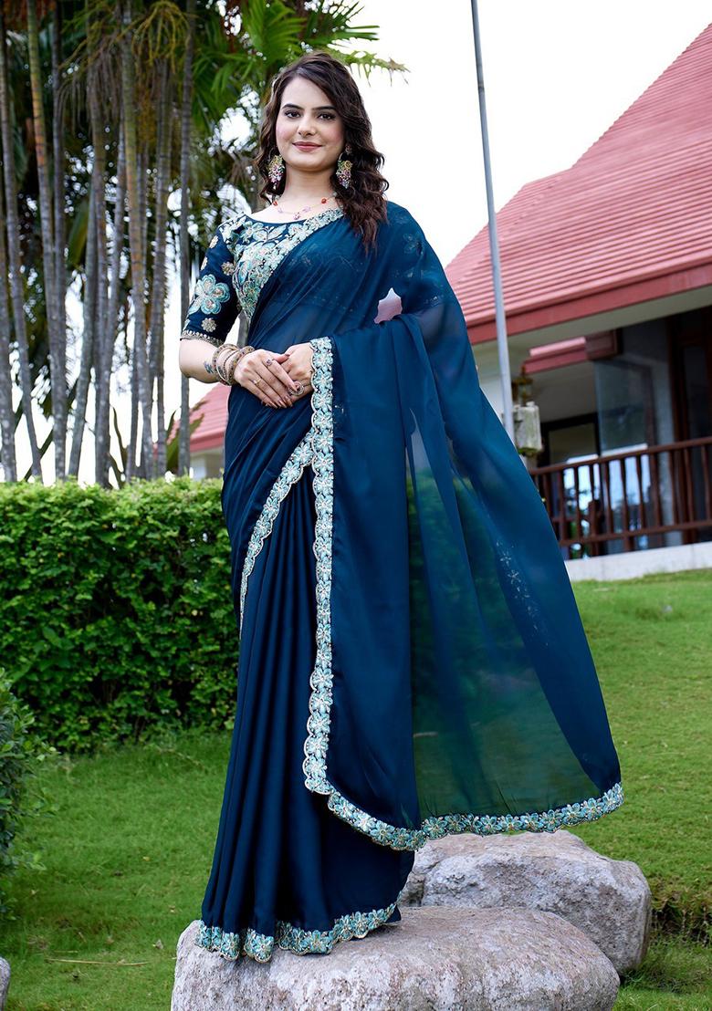 Morpeach Embroidered Chiffon Saree Set