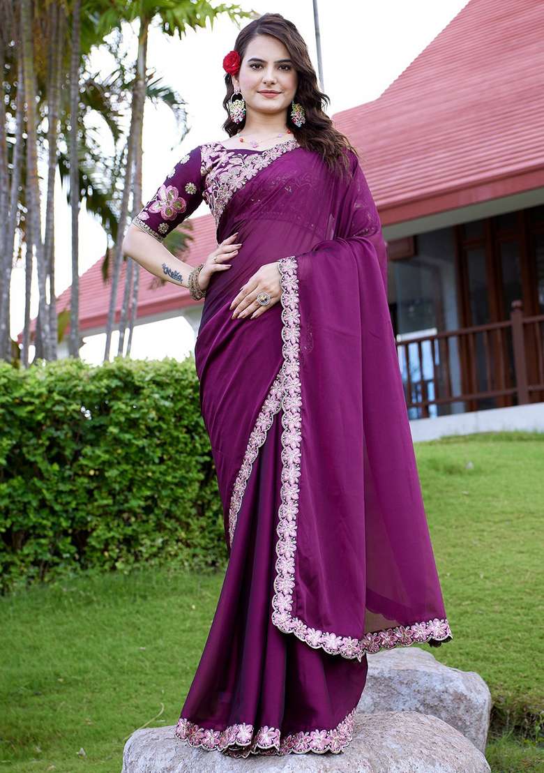 Wine Embroidered Georgette Saree Set - Indya