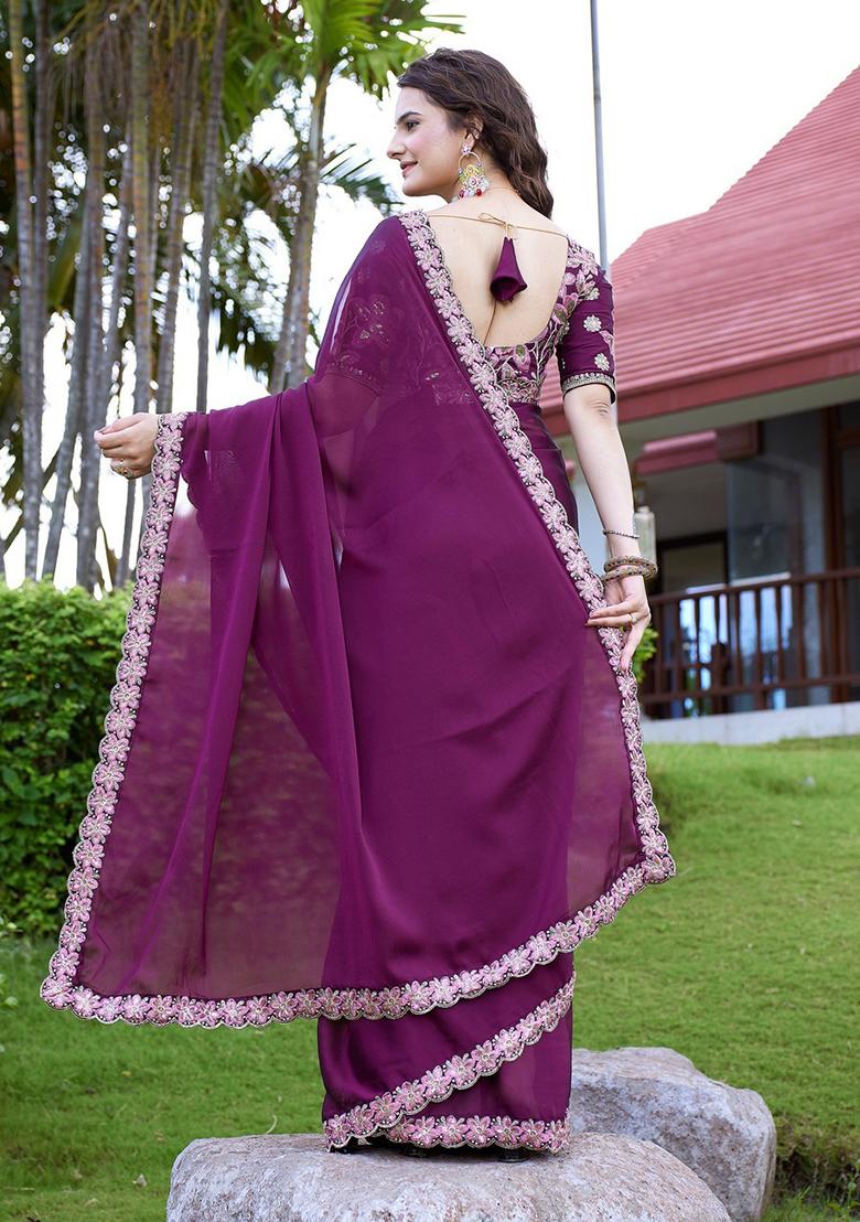 Wine Embroidered Georgette Saree Set