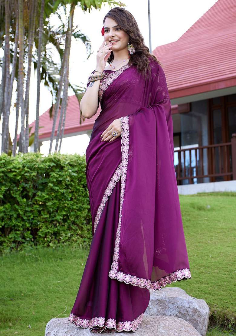 Wine Embroidered Georgette Saree Set - Indya