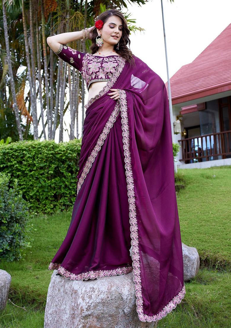 Wine Embroidered Georgette Saree Set