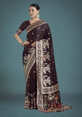 Maroon Zari Woven Banarasi Satin Silk Saree Set