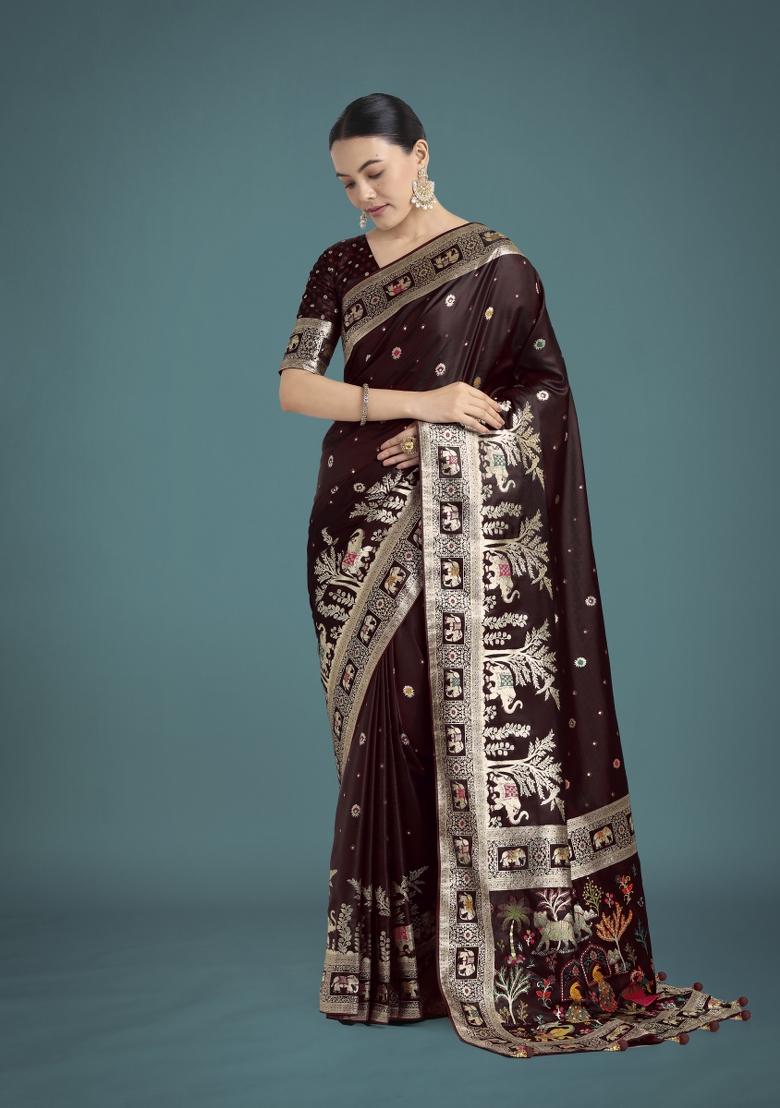 Maroon Zari Woven Banarasi Satin Silk Saree Set