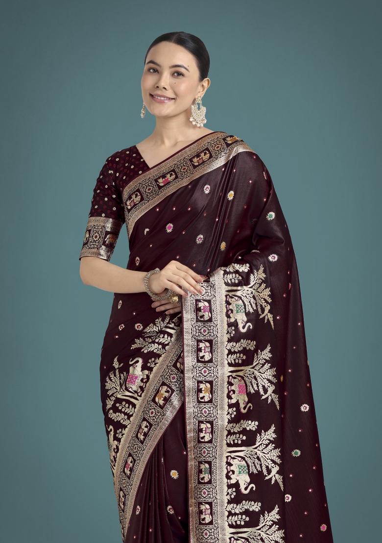 Maroon Zari Woven Banarasi Satin Silk Saree Set