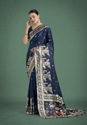 Dark Blue Zari Woven Banarasi Satin Silk Saree Set