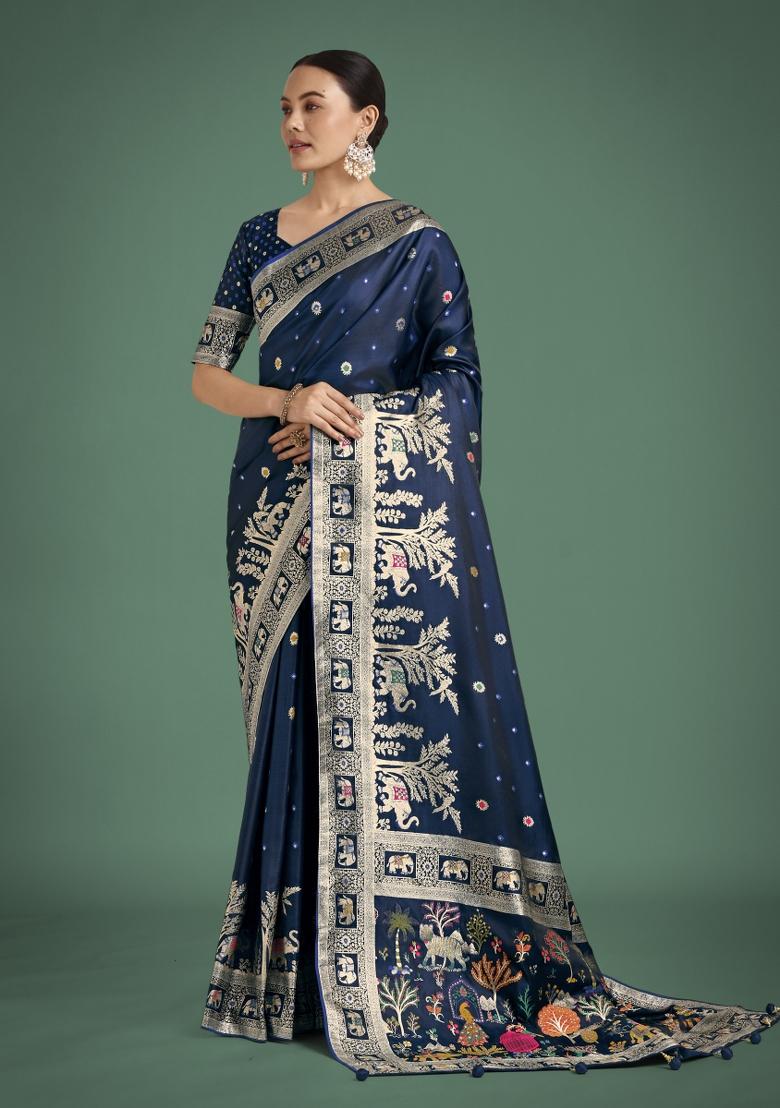 Dark Blue Zari Woven Banarasi Satin Silk Saree Set
