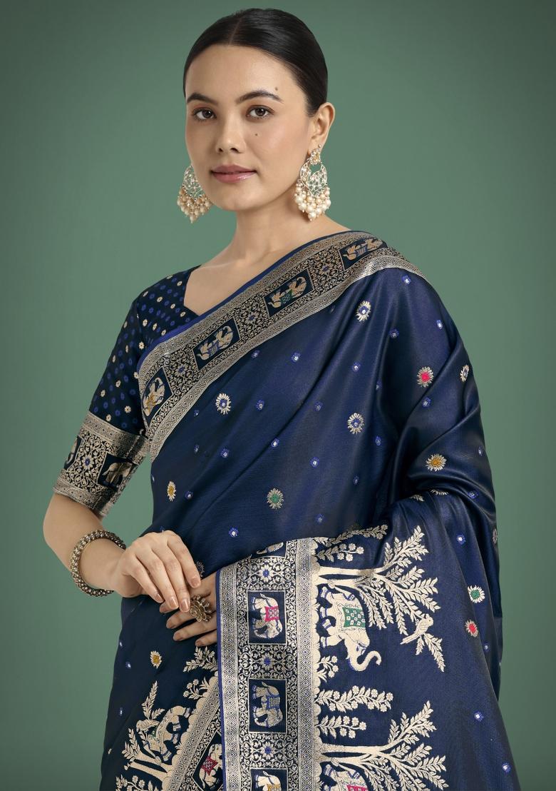 Dark Blue Zari Woven Banarasi Satin Silk Saree Set