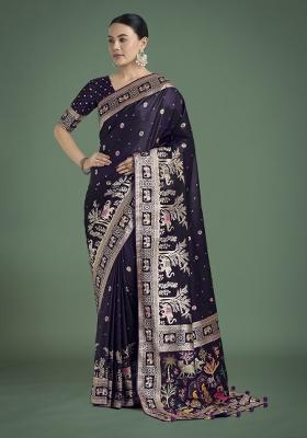 Purple Zari Woven Banarasi Satin Silk Saree Set