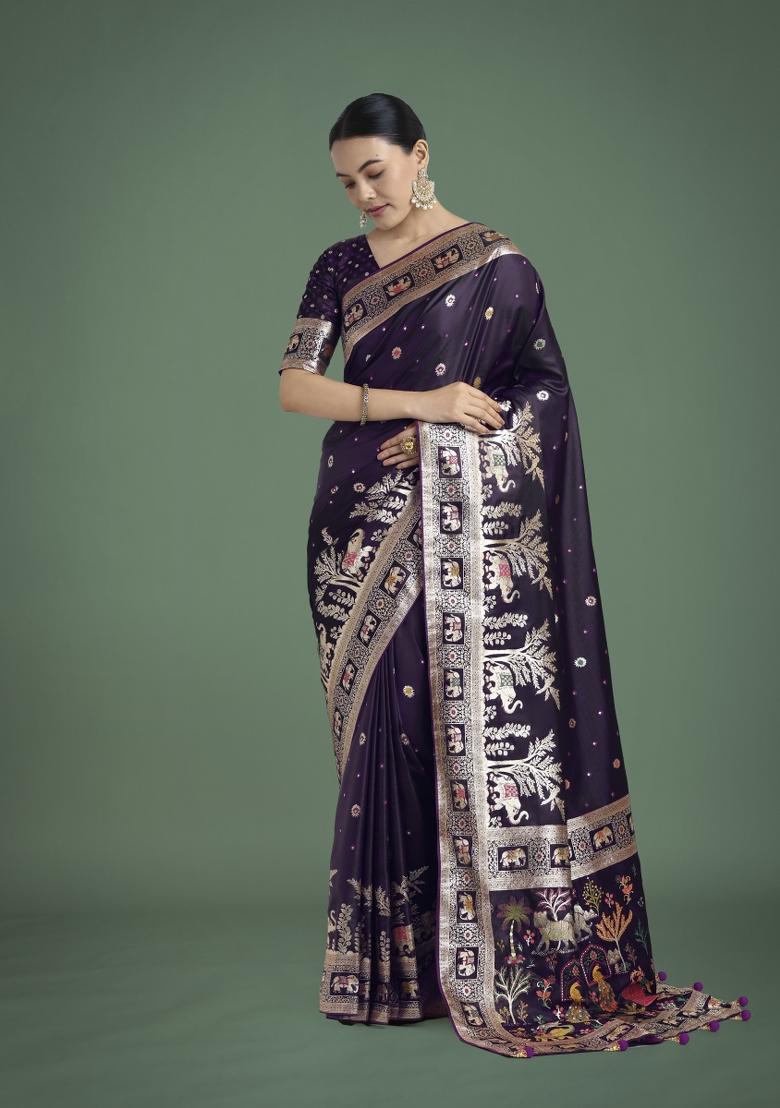 Purple Zari Woven Banarasi Satin Silk Saree Set
