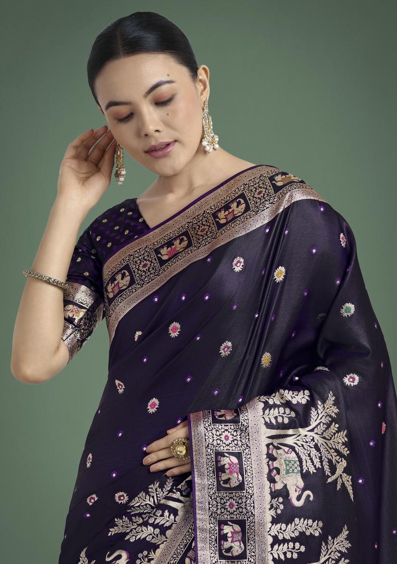 Purple Zari Woven Banarasi Satin Silk Saree Set