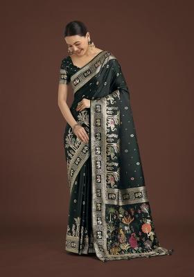 Dark Green Zari Woven Banarasi Satin Silk Saree Set
