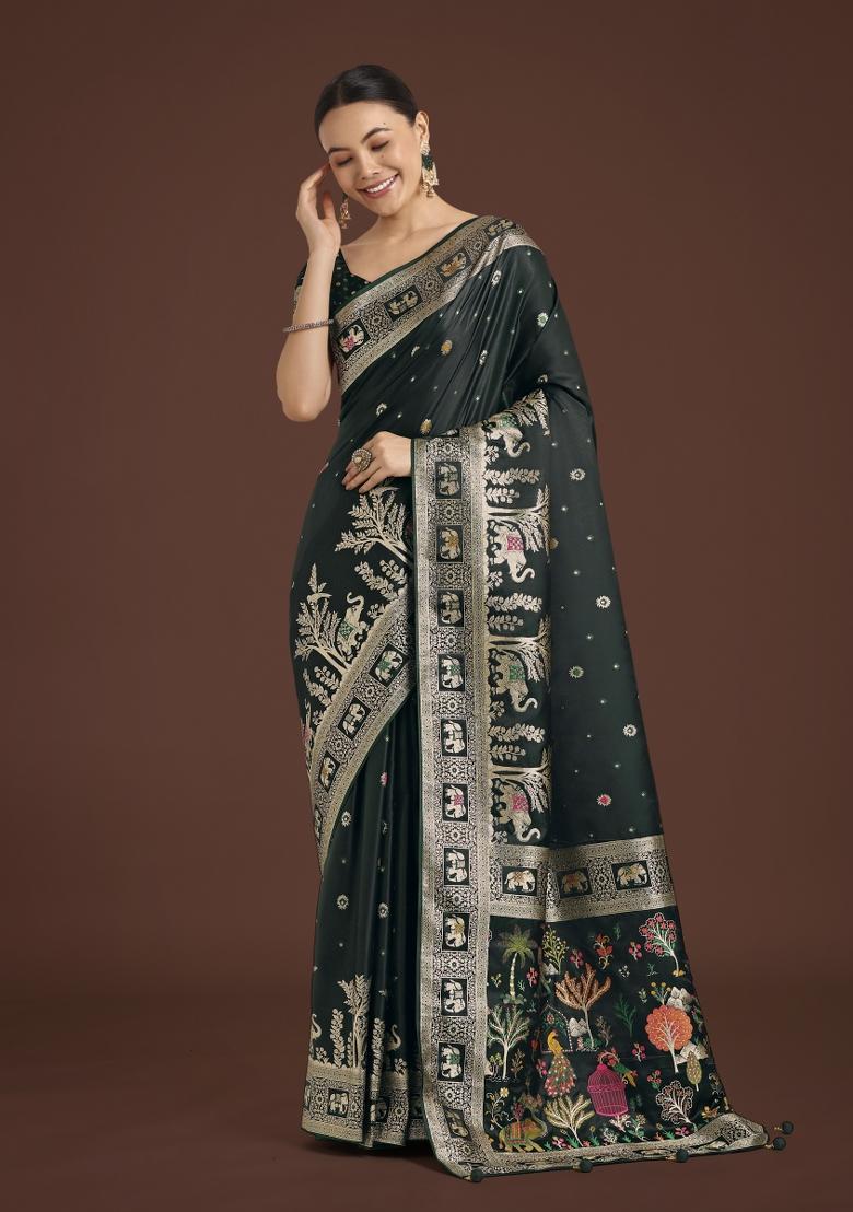 Dark Green Zari Woven Banarasi Satin Silk Saree Set