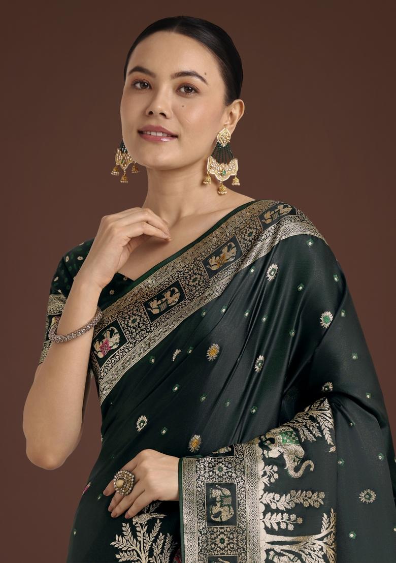 Dark Green Zari Woven Banarasi Satin Silk Saree Set