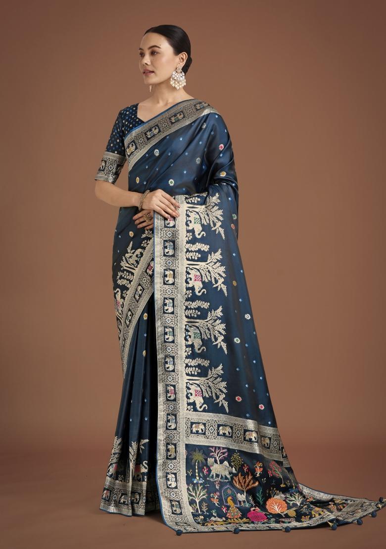 Dark Teal Blue Zari Woven Banarasi Satin Silk Saree Set