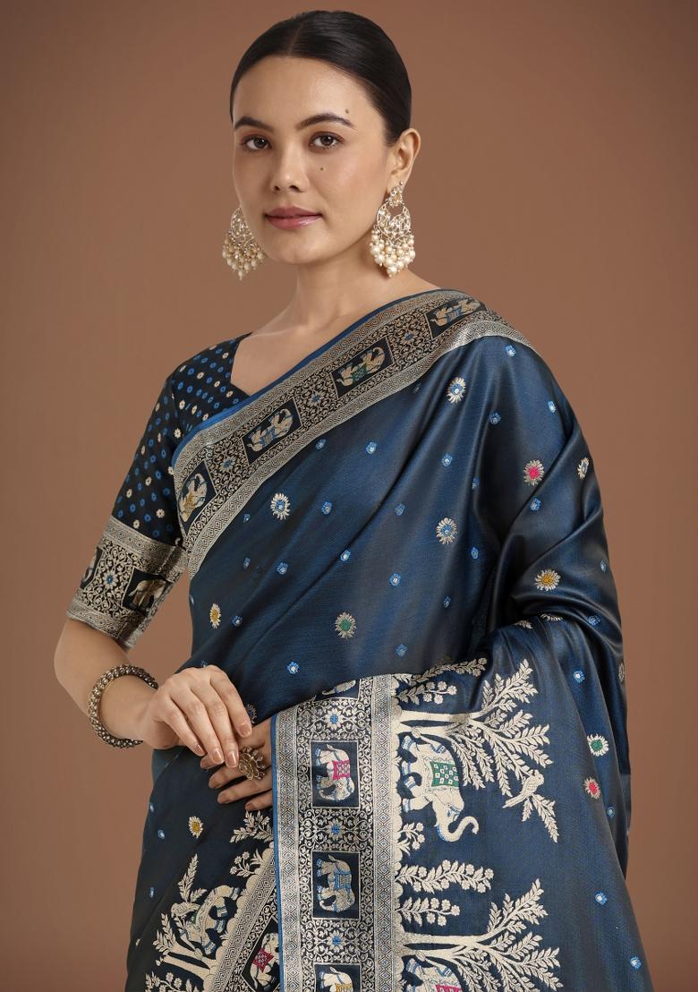 Dark Teal Blue Zari Woven Banarasi Satin Silk Saree Set