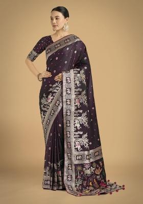 Wine Zari Woven Banarasi Satin Silk Saree Set