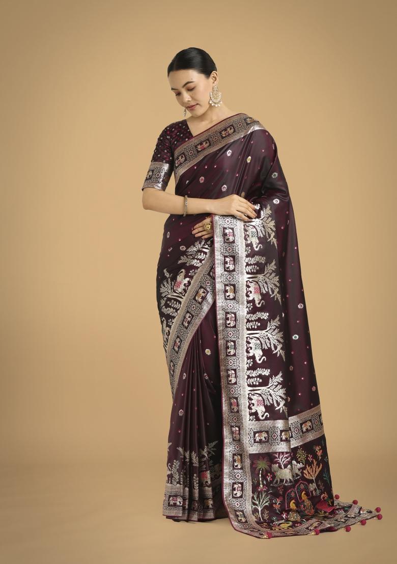 Wine Zari Woven Banarasi Satin Silk Saree Set