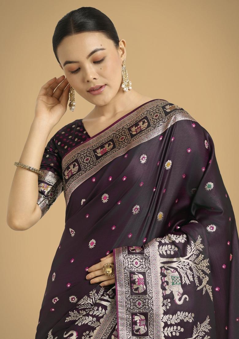 Wine Zari Woven Banarasi Satin Silk Saree Set