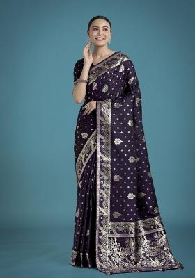 Purple Zari Woven Banarasi Satin Silk Saree Set