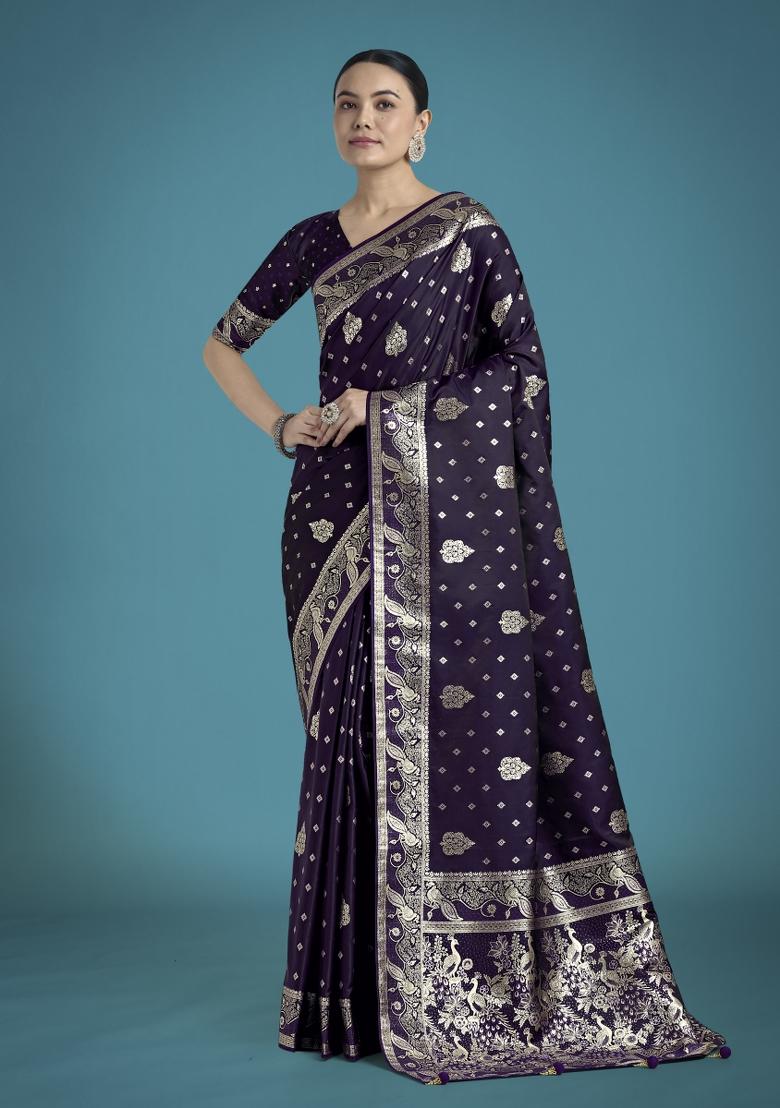 Purple Zari Woven Banarasi Satin Silk Saree Set
