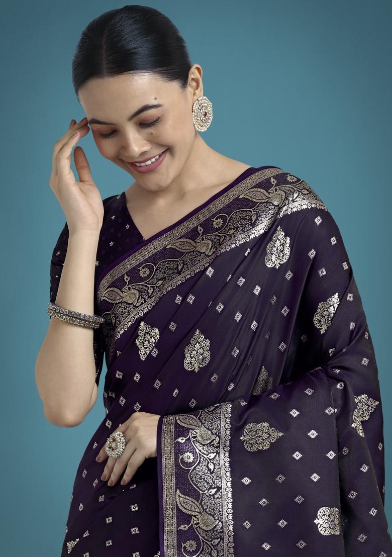 Purple Zari Woven Banarasi Satin Silk Saree Set