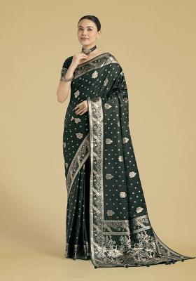 Dark Green Zari Woven Banarasi Satin Silk Saree Set