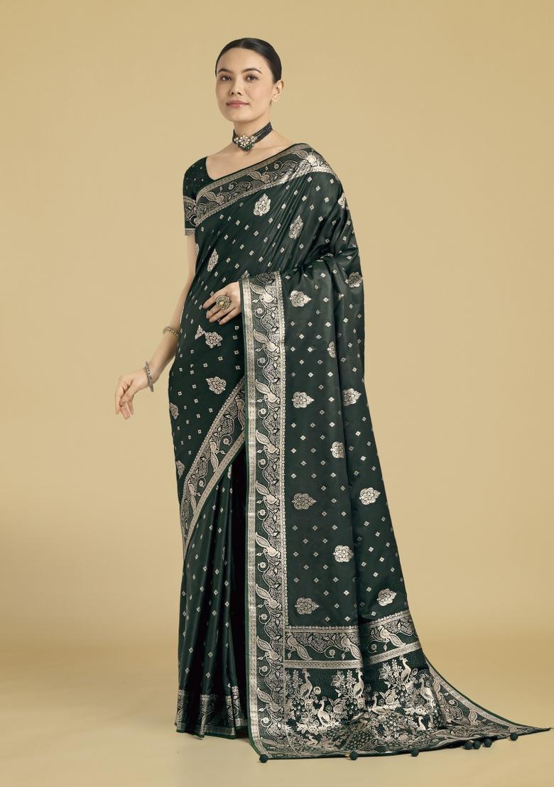 Dark Green Zari Woven Banarasi Satin Silk Saree Set