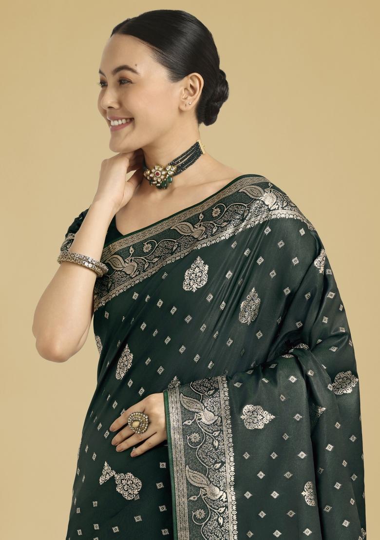 Dark Green Zari Woven Banarasi Satin Silk Saree Set