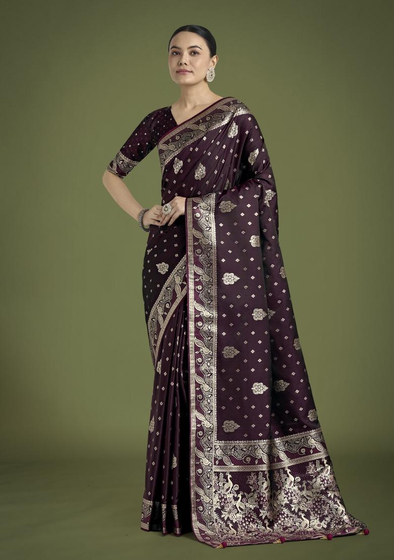 Wine Zari Woven Banarasi Satin Silk Saree Set