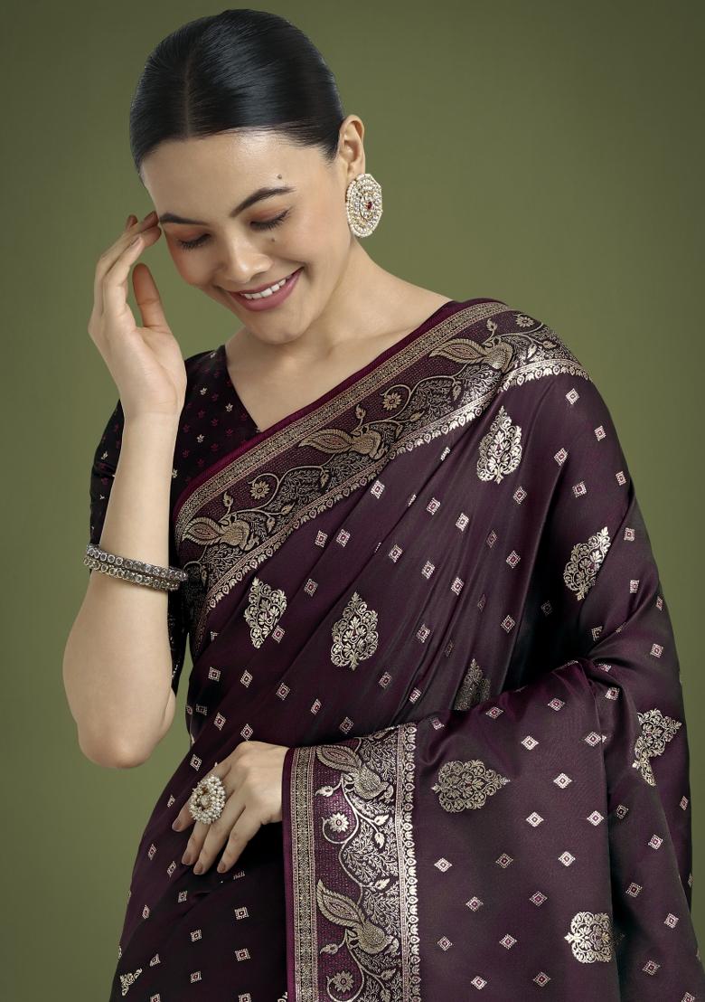 Wine Zari Woven Banarasi Satin Silk Saree Set