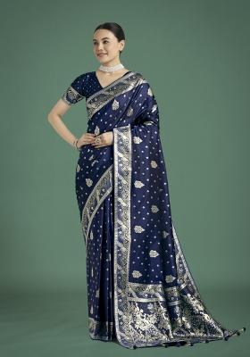 Dark Blue Zari Woven Banarasi Satin Silk Saree Set