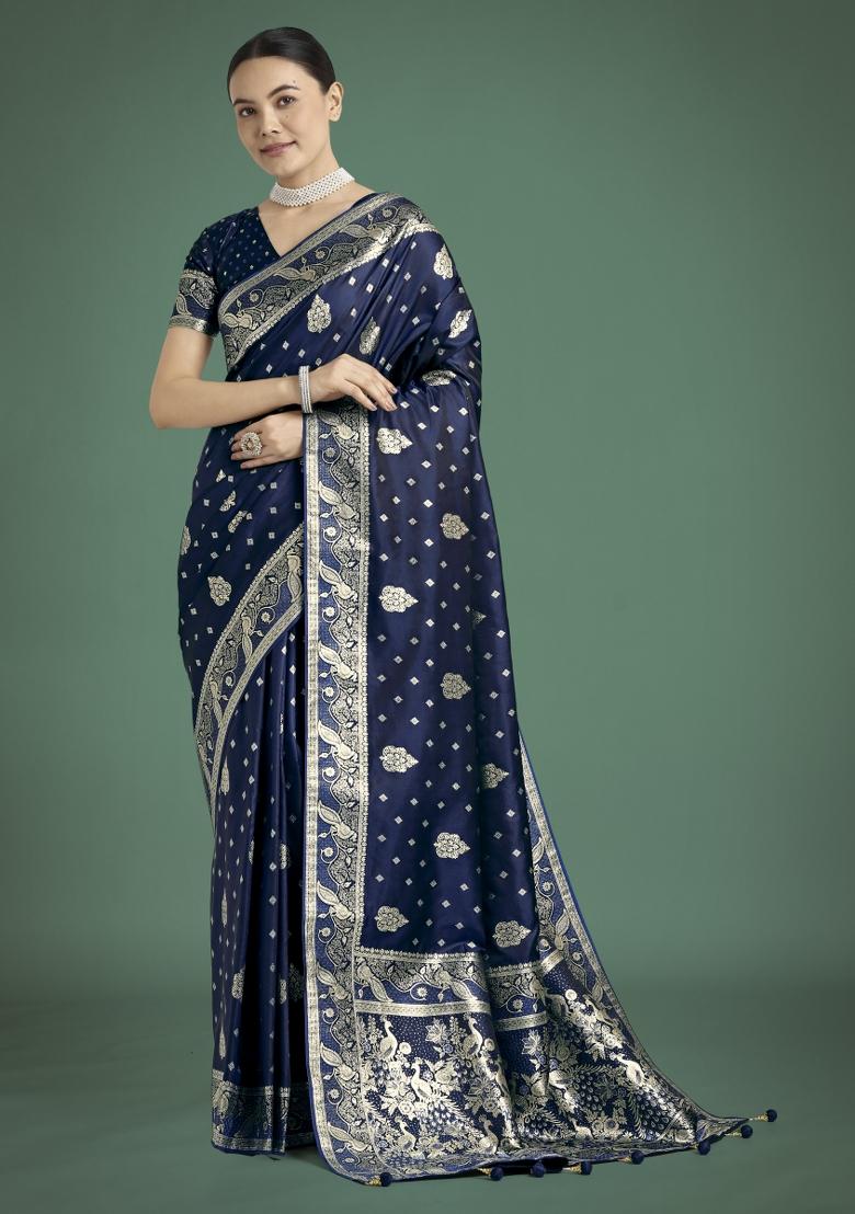 Dark Blue Zari Woven Banarasi Satin Silk Saree Set