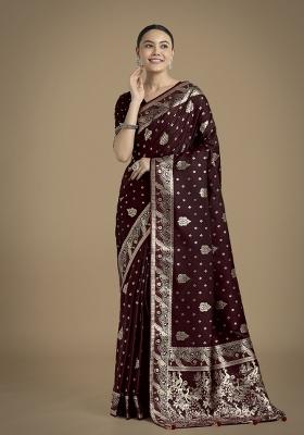 Maroon Zari Woven Banarasi Satin Silk Saree Set