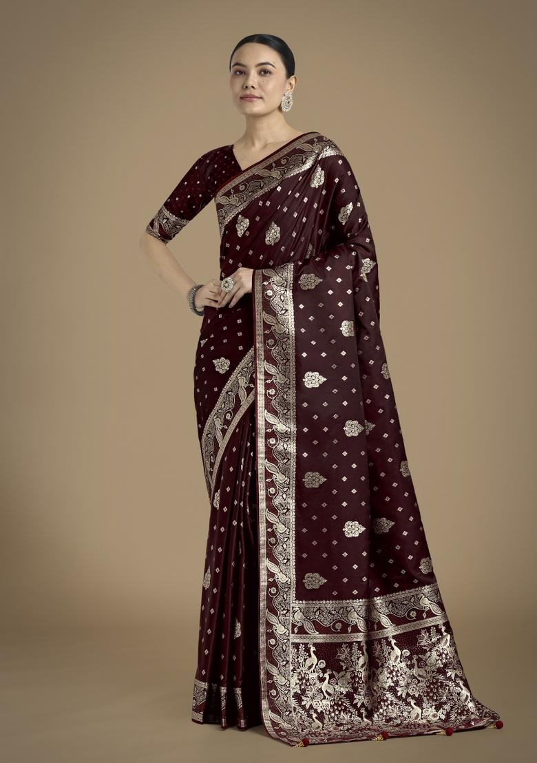 Maroon Zari Woven Banarasi Satin Silk Saree Set