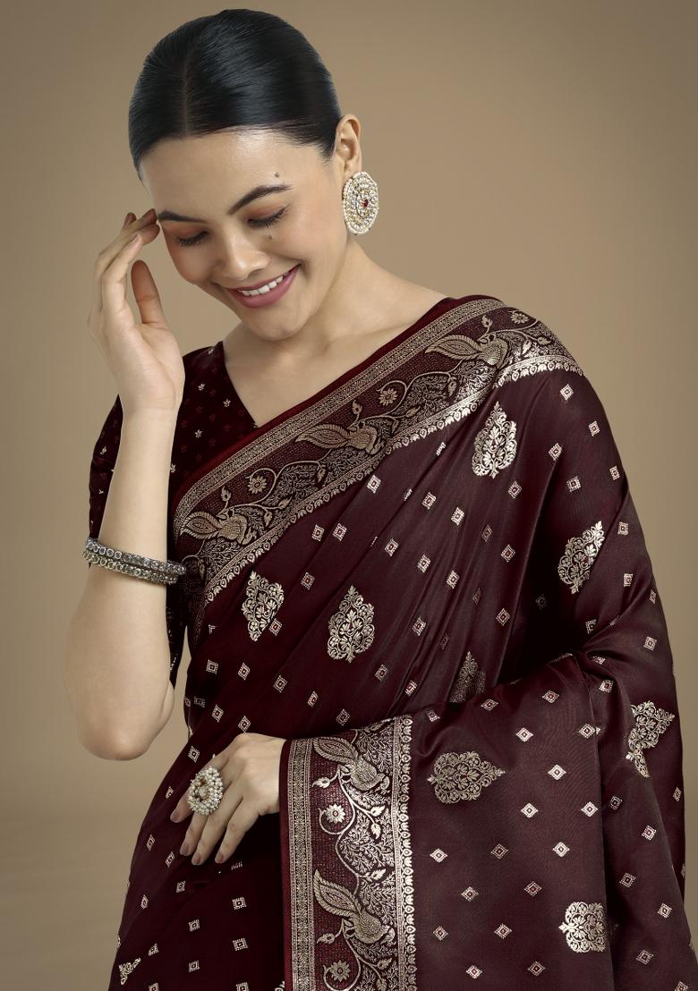Maroon Zari Woven Banarasi Satin Silk Saree Set