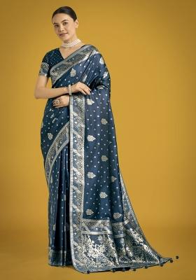 Aqua Blue Zari Woven Banarasi Satin Silk Saree Set