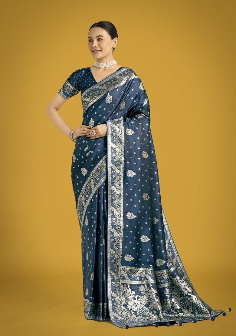 Aqua Blue Zari Woven Banarasi Satin Silk Saree Set